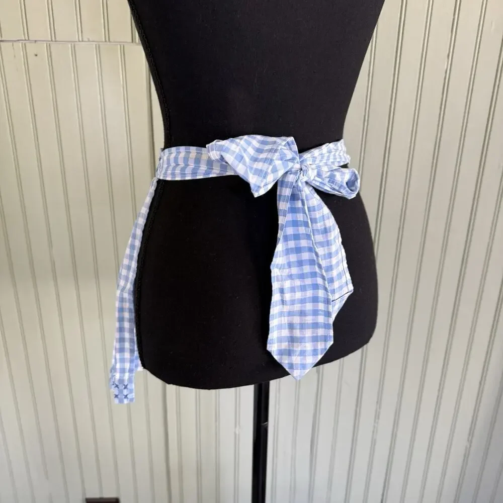 Vtg Hostess Half Apron Blue White MCM 50s Pocket Retro Tie Trad Cottage Gingham